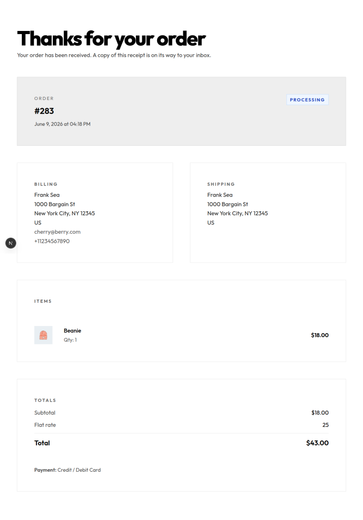 Order-received page after a successful test checkout — payment processed, inventory updated, email sent, all server-side via WooCommerce; receipt rendered automatically on the Next.js host.
